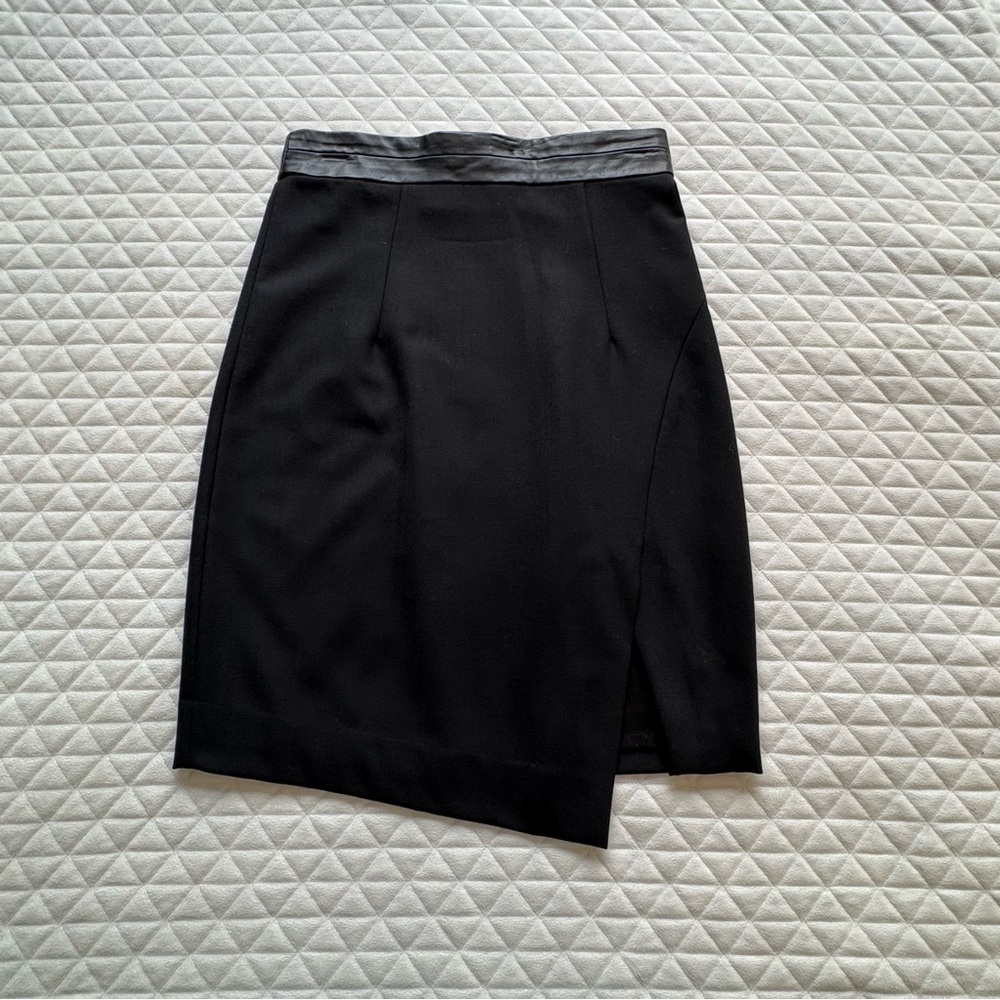 Milly Women’s Asymmetrical Front Wool Blend Skirt Sz 6 Black Leather Waistband